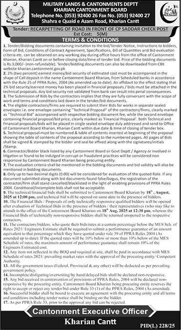 Military Lands & Cantonment Department Khairan Tender Notice